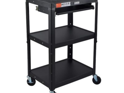 Luxor 3 Shelf Adjustable Height Steel AV Cart with pullout tray 75lb Weight Capacity Black 24 x 42