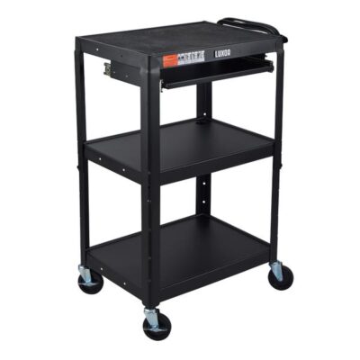 Luxor 3 Shelf Adjustable Height Steel AV Cart with pullout tray 75lb Weight Capacity Black 24 x 42