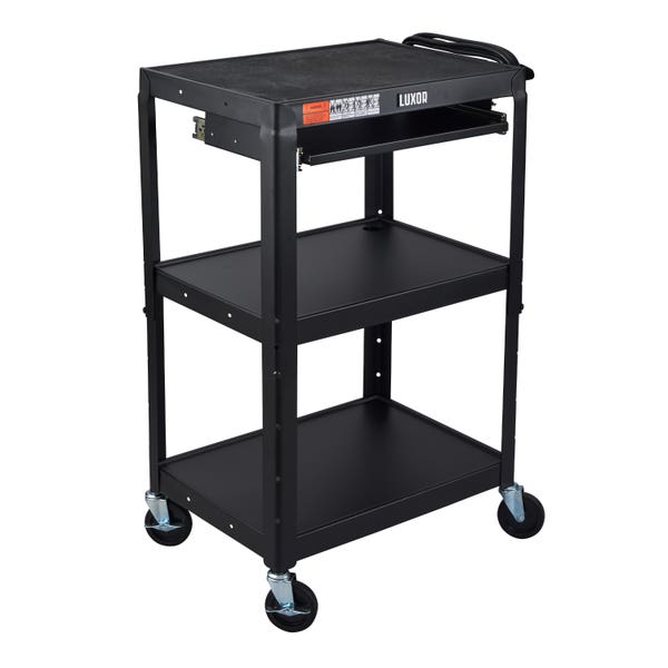 Luxor 3 Shelf Adjustable Height Steel AV Cart with pullout tray 75lb Weight Capacity Black 24 x 42 Luxor 3 Shelf Adjustable Height Steel AV Cart with pullout tray 75lb Weight Capacity Black 24 x 42
