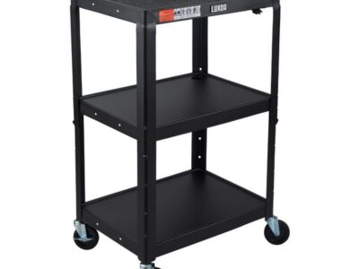 Luxor 3 Shelf Adjustable Height Steel AV Cart with pullout tray 75lb Weight Capacity Black 24 x 42