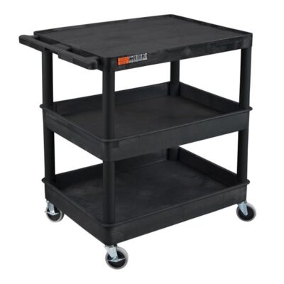 Luxor 3 Shelf Heavy Duty Plastic Utility Cart with 1 Flat Shelf & 2 Tub Shelves 300lb Weight Capacity Black Luxor 3 Shelf Heavy Duty Plastic Utility Cart with 1 Flat Shelf & 2 Tub Shelves 300lb Weight Capacity Black