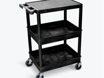 Luxor 3 Shelf Heavy Duty Plastic Utility Cart with 1 Flat Shelf & 2 Tub Shelves 300lb Weight Capacity Black