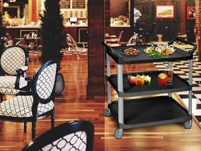 Luxor 3 Shelf Plastic Serving Cart with Aluminum Frame and Casters 200lb Weight Capacity (chariot de service en plastique à 3 étagères avec cadre en aluminium et roulettes)