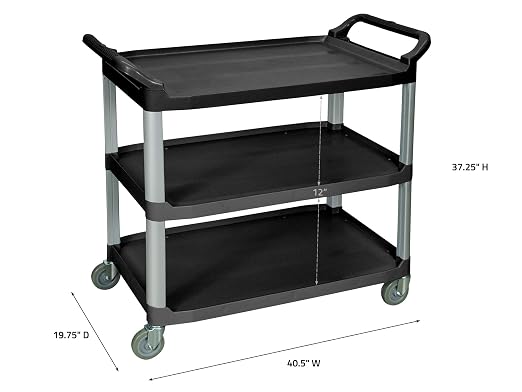 Chariot de service Luxor à 3 étagères en plastique avec cadre en aluminium et roulettes, capacité de poids de 200 lb Chariot de service Luxor à 3 étagères en plastique avec cadre en aluminium et roulettes, capacité de poids de 200 lb
