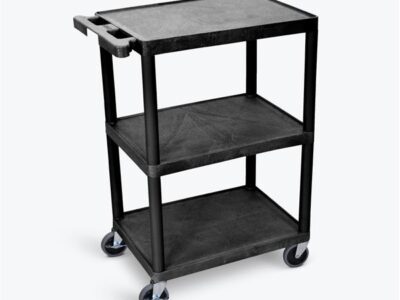 Luxor 3 Shelf Plastic Utility Cart with Flat Shelves, 3 outlets and 15' cord 300lb Weight Capacity Black