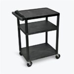 Luxor 3 Shelf Plastic Utility Cart with Flat Shelves, 3 outlets and 15' cord 400lb Weight Capacity Black
