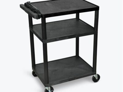 Luxor 3 Shelf Plastic Utility Cart with Flat Shelves, 3 outlets and 15' cord 400lb Weight Capacity Black