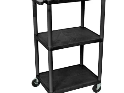 Luxor 3 Shelf Plastic Utility Cart with Flat Shelves, 3 outlets and 15' cord 400lb Weight Capacity Black