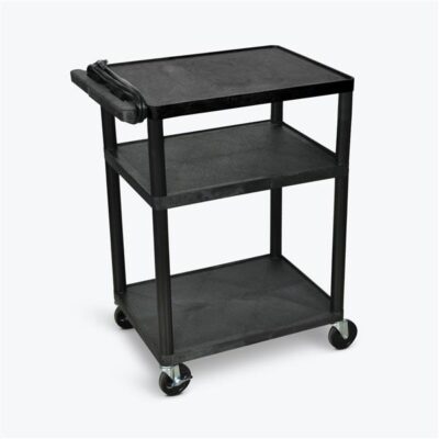 Luxor 3 Shelf Plastic Utility Cart with Flat Shelves, 3 outlets and 15' cord 400lb Weight Capacity Black
