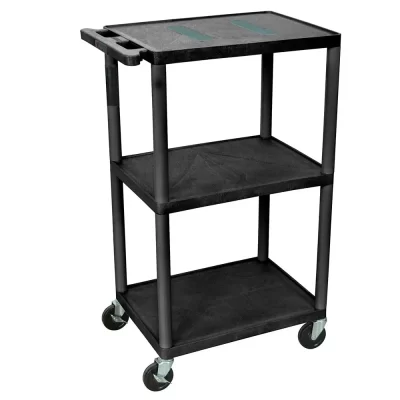 Luxor 3 Shelf Plastic Utility Cart with Flat Shelves, 3 outlets and 15' cord 400lb Weight Capacity Black