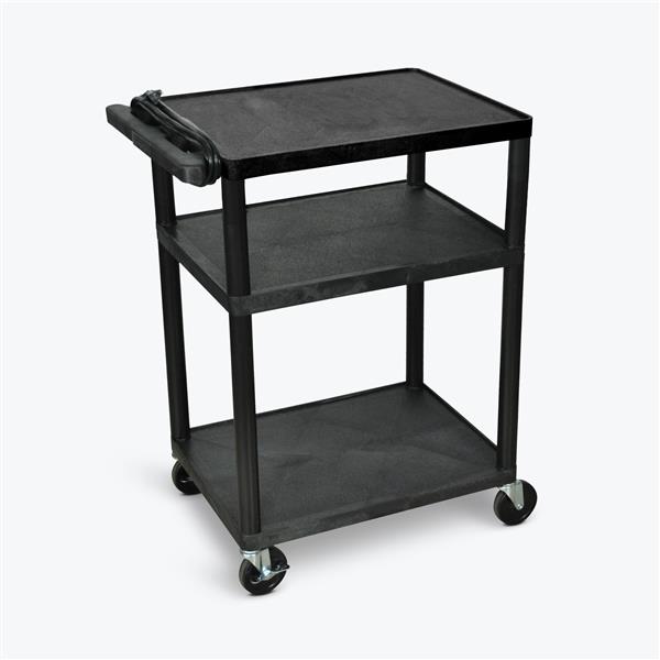 Luxor 3 Shelf Plastic Utility Cart with Flat Shelves, 3 outlets and 15' cord 400lb Weight Capacity Black Luxor 3 Shelf Plastic Utility Cart with Flat Shelves, 3 outlets and 15' cord 400lb Weight Capacity Black