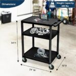 Chariot utilitaire Luxor à 3 étagères en plastique avec étagères plates, 3 prises et cordon de 15 pieds – Capacité de poids de 136 kg – Noir