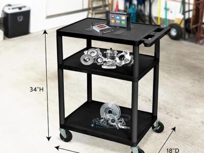 Luxor 3 Shelf Plastic Utility Cart with Flat Shelves, 3 outlets and 15′ cord – 300lb Weight Capacity – Black