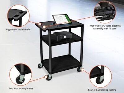 Luxor 3 Shelf Plastic Utility Cart with Flat Shelves, 3 outlets and 15′ cord – 300lb Weight Capacity – Black1 Luxor 3 Shelf Plastic Utility Cart with Flat Shelves, 3 outlets and 15′ cord – 300lb Weight Capacity – Black1