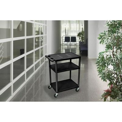 Luxor 3 Shelf Plastic Utility Cart with Flat Shelves, 3 outlets and 15′ cord – 300lb Weight Capacity – Black3 Luxor 3 Shelf Plastic Utility Cart with Flat Shelves, 3 outlets and 15′ cord – 300lb Weight Capacity – Black3