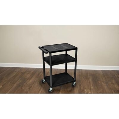 Luxor 3 Shelf Plastic Utility Cart with Flat Shelves, 3 outlets and 15′ cord – 300lb Weight Capacity – Black4 Luxor 3 Shelf Plastic Utility Cart with Flat Shelves, 3 outlets and 15′ cord – 300lb Weight Capacity – Black4