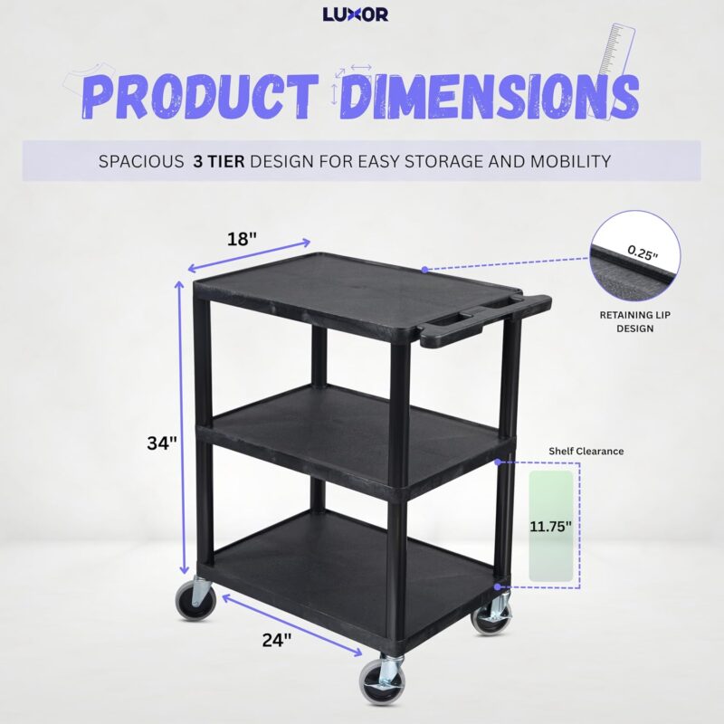 Luxor 3 Shelf Plastic Utility Cart with Flat Shelves, 3 outlets and 15′ cord – 400lb Weight Capacity – Black1 Luxor 3 Shelf Plastic Utility Cart with Flat Shelves, 3 outlets and 15′ cord – 400lb Weight Capacity – Black1