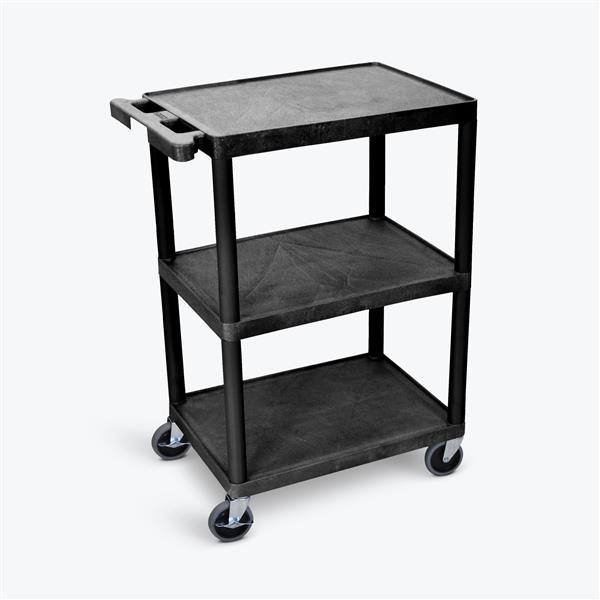 Luxor 3 Shelf Plastic Utility Cart with Flat Shelves 300lb Weight Capacity Black