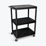 Luxor 3 Shelf Plastic Utility Cart with Flat Shelves, Side Pullout Shelf, 3 outlets and 15' cord 400lb Weight Capacity Black
