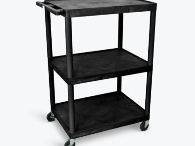 Luxor 3 Shelf Plastic Utility Cart with Flat Shelves, Side Pullout Shelf, 3 outlets and 15' cord 400lb Weight Capacity Black