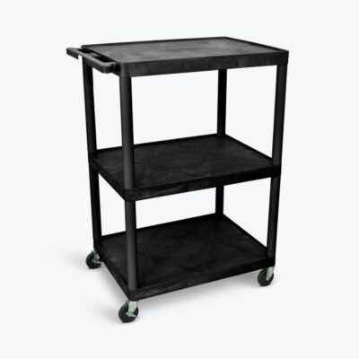 Luxor 3 Shelf Plastic Utility Cart with Flat Shelves, Side Pullout Shelf, 3 outlets and 15' cord 400lb Weight Capacity Black Luxor 3 Shelf Plastic Utility Cart with Flat Shelves, Side Pullout Shelf, 3 outlets and 15' cord 400lb Weight Capacity Black