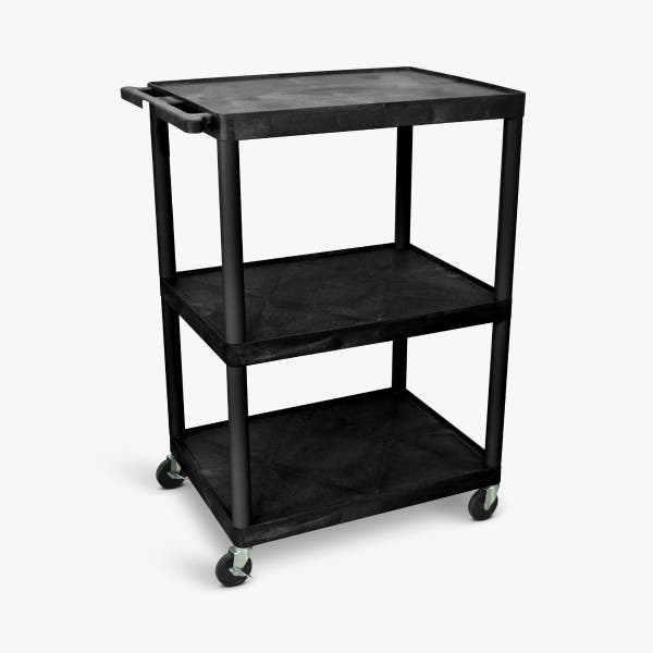Luxor 3 Shelf Plastic Utility Cart with Flat Shelves, Side Pullout Shelf, 3 outlets and 15' cord Capacity 400lb Weight Capacity Black Luxor 3 Shelf Plastic Utility Cart with Flat Shelves, Side Pullout Shelf, 3 outlets and 15' cord black