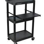 Luxor 3 Shelf Plastic Utility Cart with Flat Shelves, Side Pullout Shelf, 3 outlets and 15' cord 400lb Weight Capacity Black