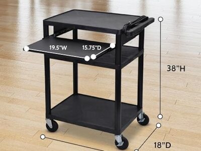 Luxor 3 Shelf Plastic Utility Cart with Flat Shelves, Side Pullout Shelf, 3 outlets and 15' cord Capacity 400lb Weight Capacity Black