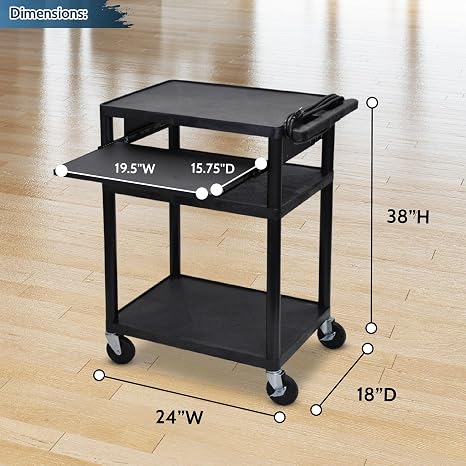 Luxor 3 Shelf Plastic Utility Cart with Flat Shelves, Side Pullout Shelf, 3 outlets and 15' cord Capacity 400lb Weight Capacity Black