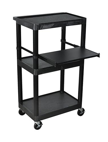 Luxor 3 Shelf Plastic Utility Cart with Flat Shelves, Side Pullout Shelf, 3 outlets and 15' cord 400lb Weight Capacity Black