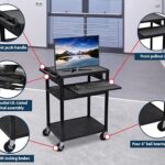 Luxor 3 Shelf Plastic Utility Cart with Flat Shelves, Side Pullout Shelf, 3 outlets and 15' cord 400lb Weight Capacity Black1