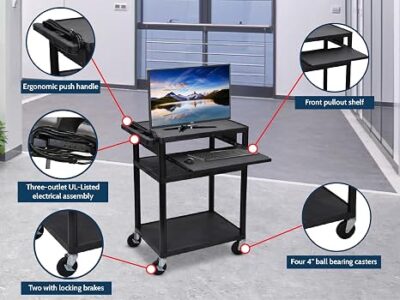 Luxor 3 Shelf Plastic Utility Cart with Flat Shelves, Side Pullout Shelf, 3 outlets and 15' cord 400lb Weight Capacity Black1 Luxor 3 Shelf Plastic Utility Cart with Flat Shelves, Side Pullout Shelf, 3 outlets and 15' cord 400lb Weight Capacity Black1