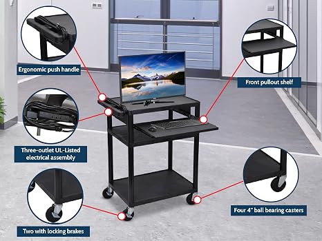 Luxor 3 Shelf Plastic Utility Cart with Flat Shelves, Side Pullout Shelf, 3 outlets and 15' cord 400lb Weight Capacity Black1
