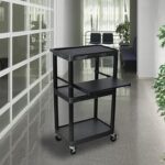 Luxor 3 Shelf Plastic Utility Cart with Flat Shelves, Side Pullout Shelf, 3 outlets and 15' cord 400lb Weight Capacity Black2