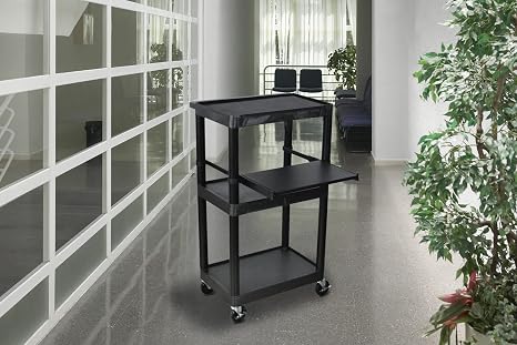 Luxor 3 Shelf Plastic Utility Cart with Flat Shelves, Side Pullout Shelf, 3 outlets and 15' cord 400lb Weight Capacity Black2