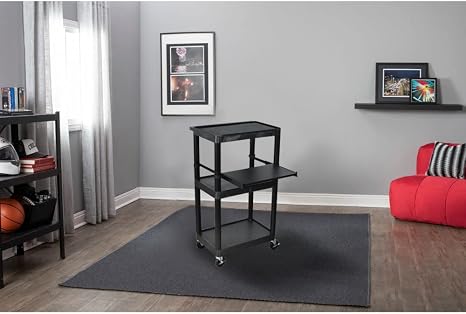 Luxor 3 Shelf Plastic Utility Cart with Flat Shelves, Side Pullout Shelf, 3 outlets and 15' cord 400lb Weight Capacity Black3