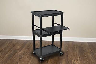 Luxor 3 Shelf Plastic Utility Cart with Flat Shelves, Side Pullout Shelf, 3 outlets and 15' cord 400lb Weight Capacity Black4
