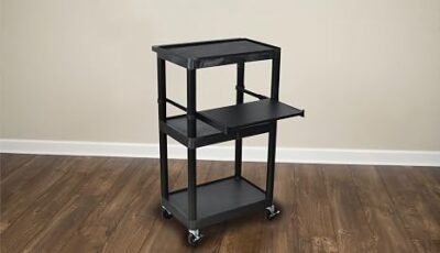 Luxor 3 Shelf Plastic Utility Cart with Flat Shelves, Side Pullout Shelf, 3 outlets and 15' cord 400lb Weight Capacity Black4 Luxor 3 Shelf Plastic Utility Cart with Flat Shelves, Side Pullout Shelf, 3 outlets and 15' cord 400lb Weight Capacity Black4