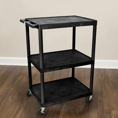 Luxor 3 Shelf Plastic Utility Cart with Flat Shelves, Side Pullout Shelf, 3 outlets and 15′ cord – 400lb Weight Capacity – Black Luxor 3 Shelf Plastic Utility Cart with Flat Shelves, Side Pullout Shelf, 3 outlets and 15′ cord – 400lb Weight Capacity – Black