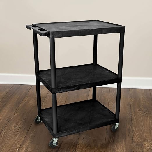 Luxor 3 Shelf Plastic Utility Cart with Flat Shelves, Side Pullout Shelf, 3 outlets and 15′ cord – 400lb Weight Capacity – Black Luxor 3 Shelf Plastic Utility Cart with Flat Shelves, Side Pullout Shelf, 3 outlets and 15′ cord – 400lb Weight Capacity – Black