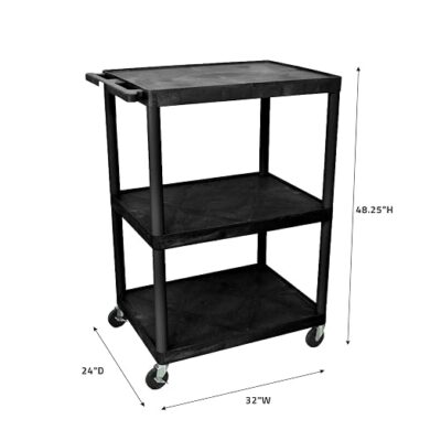 Luxor 3 Shelf Plastic Utility Cart with Flat Shelves, Side Pullout Shelf, 3 outlets and 15′ cord – 400lb Weight Capacity – Black1 Luxor 3 Shelf Plastic Utility Cart with Flat Shelves, Side Pullout Shelf, 3 outlets and 15′ cord – 400lb Weight Capacity – Black1