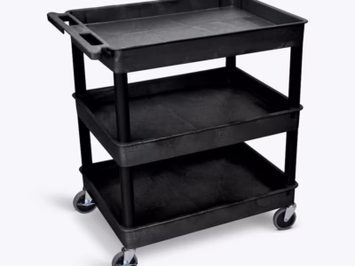 Luxor 3 Shelf Plastic Utility Cart with Spacious Tub Shelves 300lb Weight Capacity Black (chariot utilitaire en plastique à 3 étagères avec étagères spacieuses)