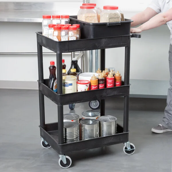 Luxor 3 Shelf Plastic Utility Cart with Spacious Tub Shelves 300lb Weight Capacity Black (chariot utilitaire en plastique à 3 étagères avec étagères spacieuses)