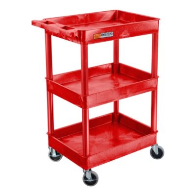 Luxor 3 Shelf Plastic Utility Cart with Spacious Tub Shelves 300lb Weight Capacity Red 24 x 18