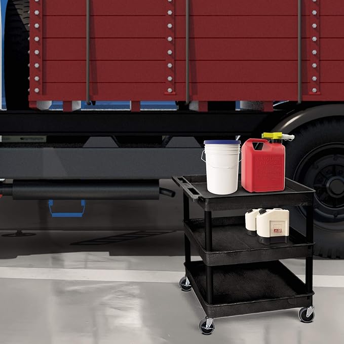 Chariot utilitaire Luxor à 3 tablettes en plastique avec tablettes baignoires spacieuses – Capacité de poids de 136 kg – Noir