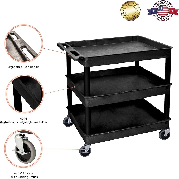 Luxor 3 Shelf Plastic Utility Cart with Spacious Tub Shelves – 300lb Weight Capacity – Black1