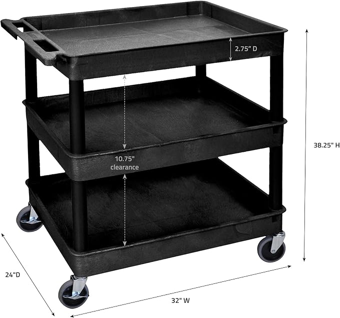 Luxor 3 Shelf Plastic Utility Cart with Spacious Tub Shelves – 300lb Weight Capacity – Black2