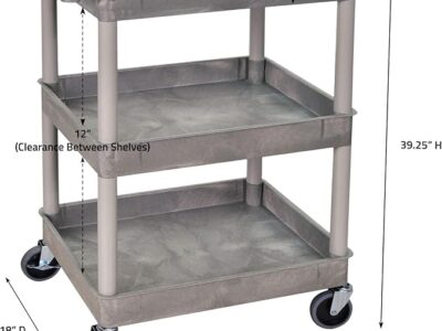 Luxor 3 Shelf Plastic Utility Cart with Spacious Tub Shelves – 300lb Weight Capacity – Grey