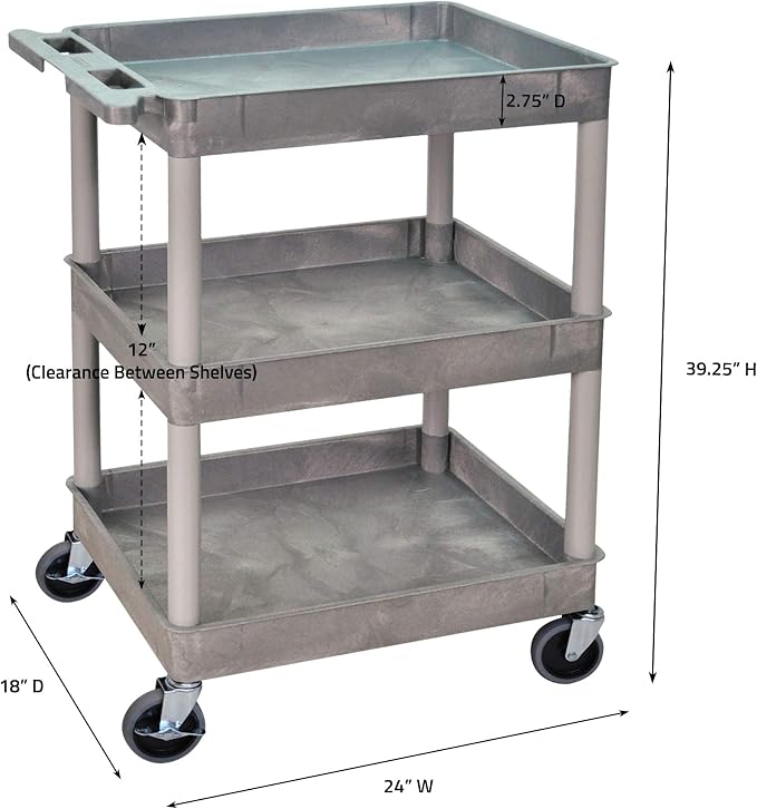 Chariot utilitaire en plastique Luxor à 3 étagères avec étagères baignoires spacieuses – Capacité de poids de 136 kg – Gris