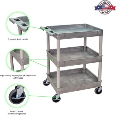 Luxor 3 Shelf Plastic Utility Cart with Spacious Tub Shelves – 300lb Weight Capacity – Grey1 Luxor 3 Shelf Plastic Utility Cart with Spacious Tub Shelves – 300lb Weight Capacity – Grey1